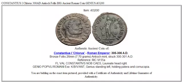 CONSTANTIUS I Chlorus 300AD Antioch Follis BIG Ancient Roman Coin GENIUS i63200 3