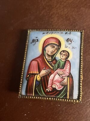 Antique Miniature Russian Enamel Finift Mary Icon Hand Painted 19th C Orthodox 2