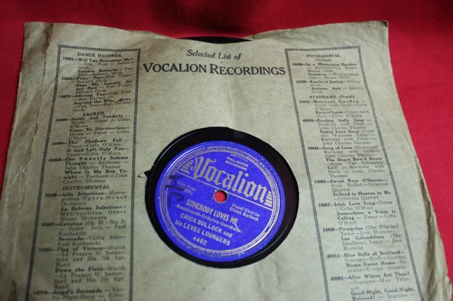 10" 78RPM Vocalion Jazz Record  Chick Bullock & Levee Loungers Vocalion Sleeve