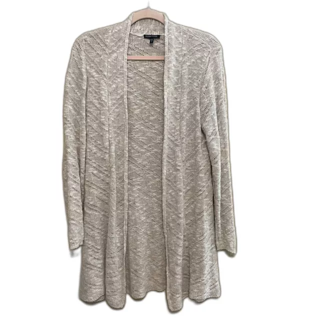 Eileen Fisher Linen Oatmeal Beige Open Front Long Line Cardigan Sweater Medium