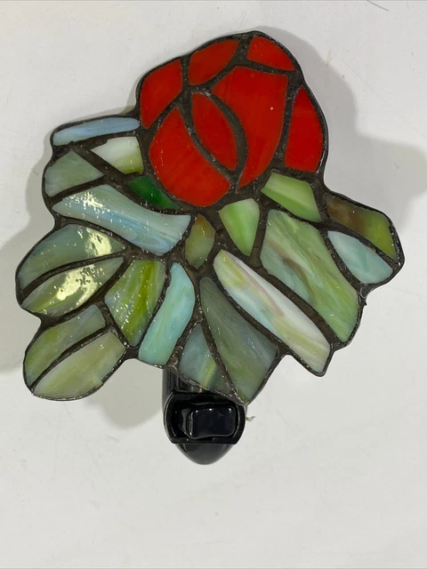 Stained Glass Rose Red Flower Night Light, Wall Plug In, Bedroom Decor
