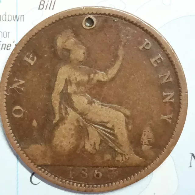 UK GB One PENNY 1863 BUN HEAD  Penny Queen Victoria 👑 England Has A Drill hole