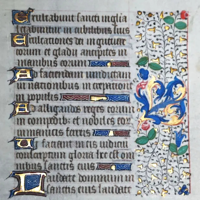 Exrare 1450 Illuminated Bible Vellum Leaf 14 Gold Initials Book Of Hours Psalms