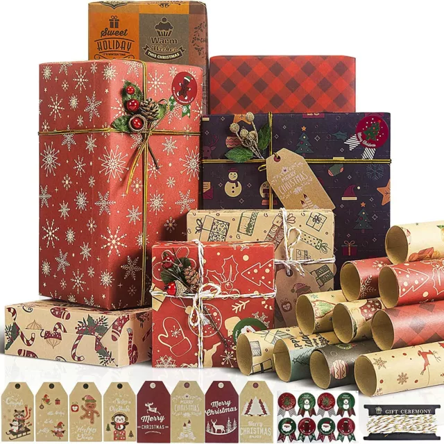 Lot de 12 boîtes cadeaux cartonnées kraft brun motif flocons de Noël