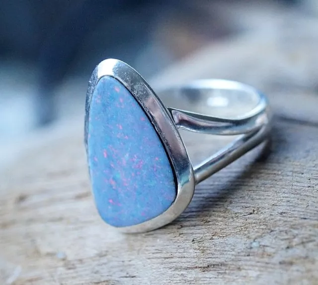 Silberring 56 Edelopal Boulder Opal Freiform Eckig Ring Silber Schlicht Blau