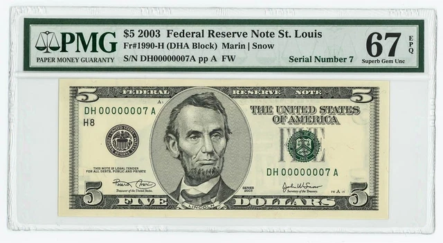 Fr #1990-H $5 2003 Federal Reserve Note St Louis Superb Gem Unc 67 EPQ PMG