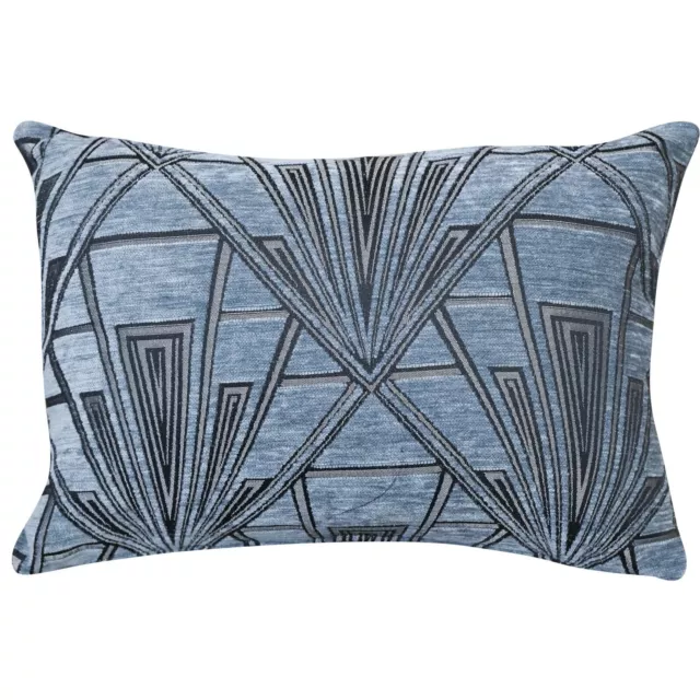 Art Deco Geometric Boudoir Cushion. Luxury Velvet. Steel Blue & Silver. 17x12"