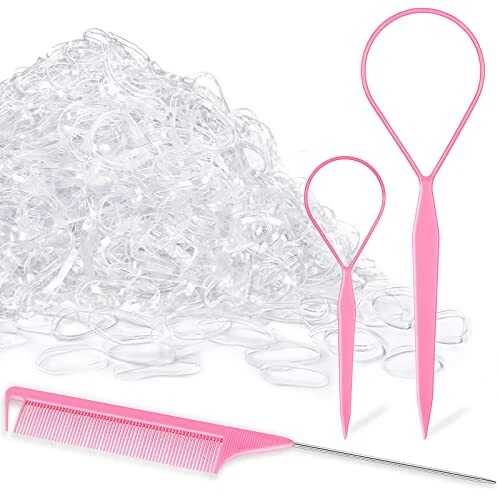 1000pcs Clear Small Rubber Elastics with Hair Loop Styling Tool Set,1000pcs