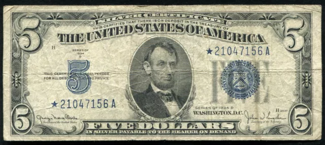 1934-D $5 Five Dollars Blue Seal *Star* Silver Certificate Currency Note