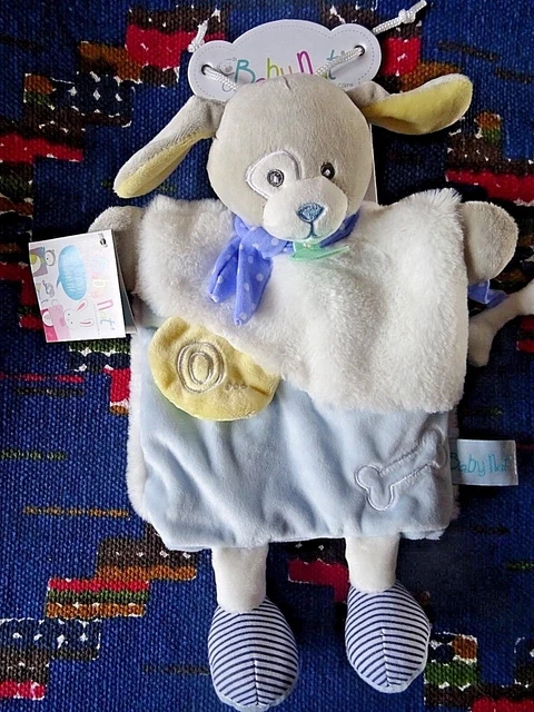 Cn/ Doudou Marionnette  Baby Nat Chien Poupi Bleu Gris Blanc Jaune Os  Neuf