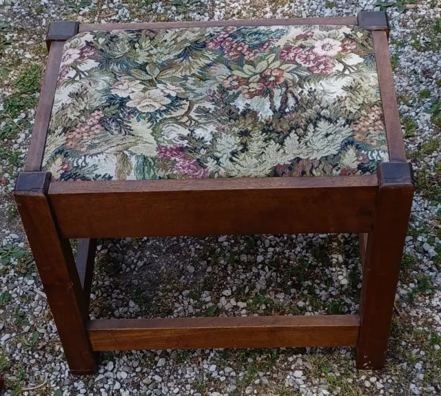 Antique Vtg Heavy Wood Stool Tapestry Top 19.” X 14” X 17”