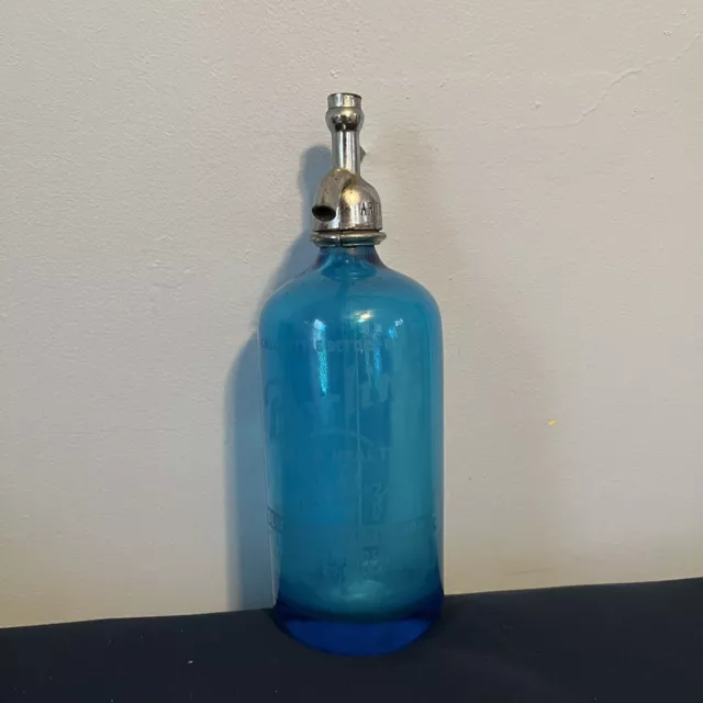 Antique Arthur Arty Berlin's Good Health Blue Seltzer Bottle Brooklyn NY Etched