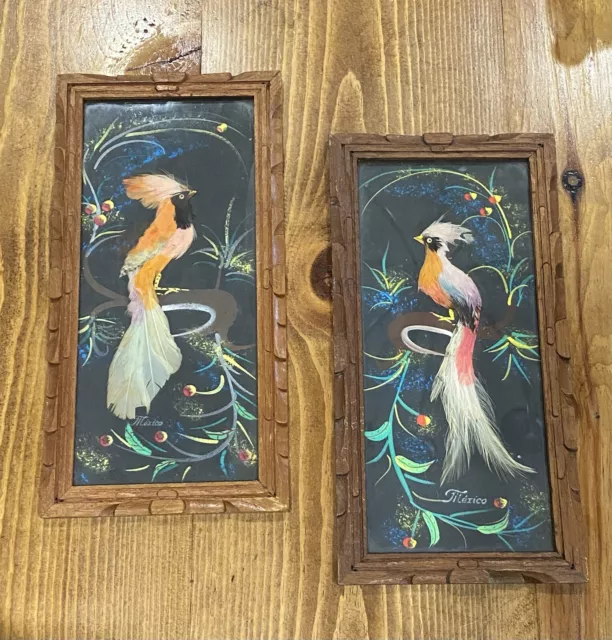 Pair Vtg Mexican Bird Feather Pictures Feathercraft Folk Art Carved Wood Frames