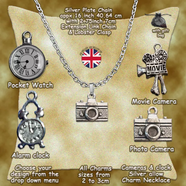 Movie & clock silver charm necklace time photo film pocket watch novelty