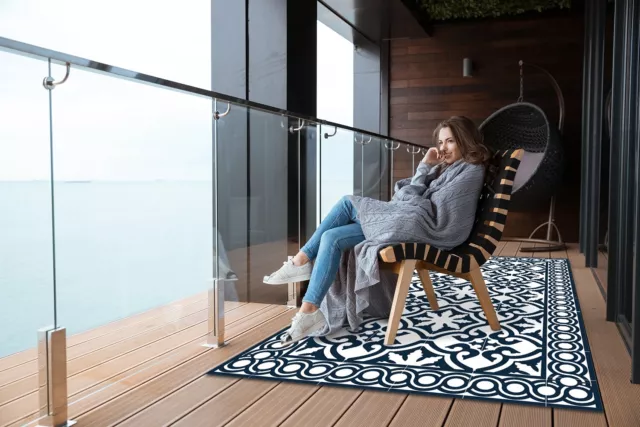 Large Patio Outdoor Entryway Vinyl Rug Mat Carpet Portuguese tile 150x225