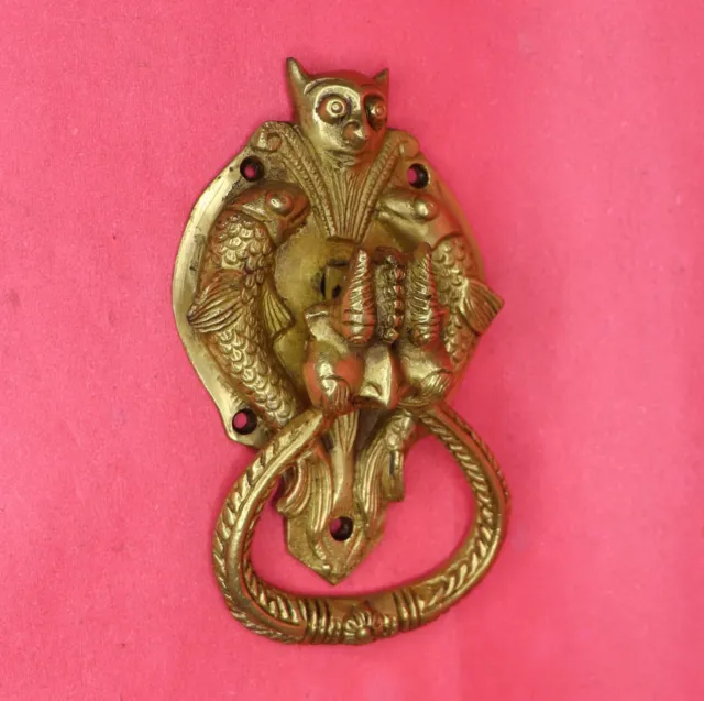 Antique Style Devil Face With Fish Shape Door Knocker Handmade Brass Door Bell