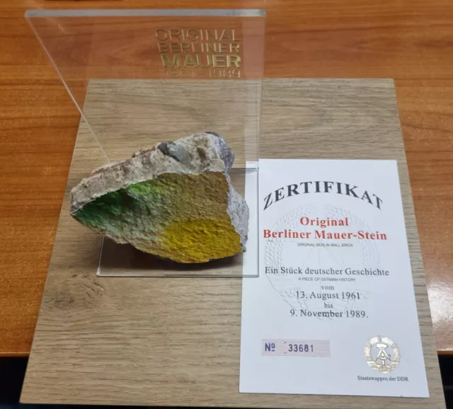 Original  Large 9 cm Piece of the BERLIN WALL on Perspex Display  + Certificate