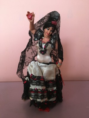 1990's Vintage Collectable Costume Doll Spanish Flamenco Dancer on stand