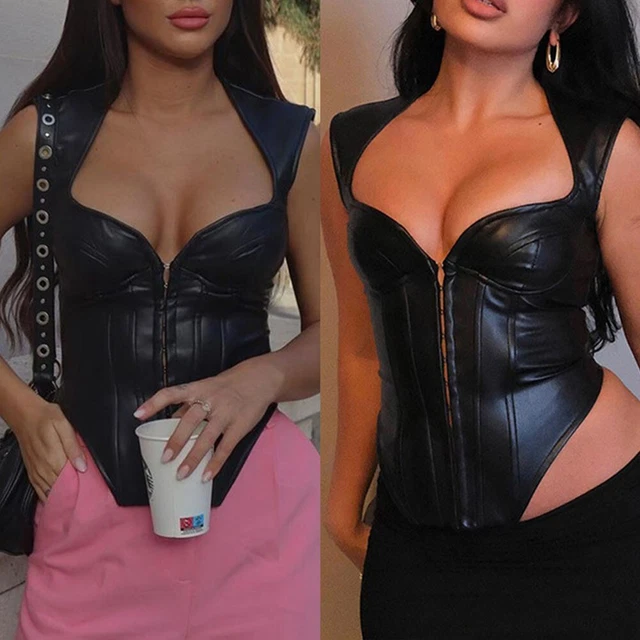 Serbatoio nero crop top da donna con vestibilità slim pu in pelle poliuretano e