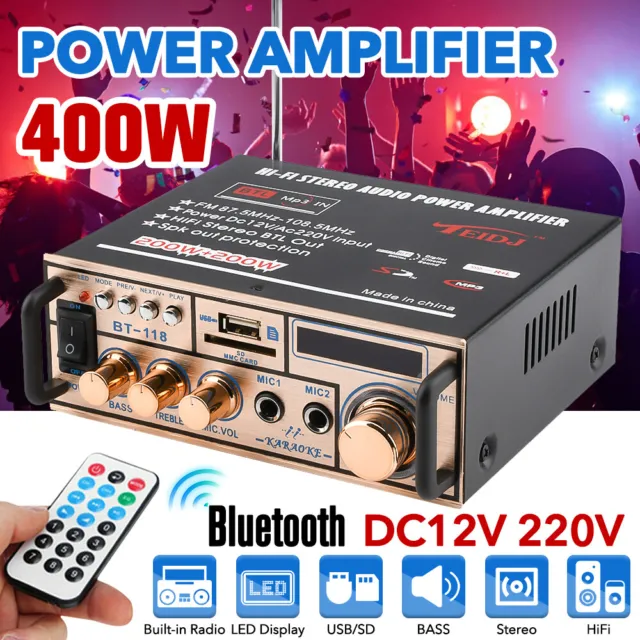 2CH Digital Car Power Amplifier HIFI Stereo Bluetooth 2Mic USB FM Radio 12V 220V