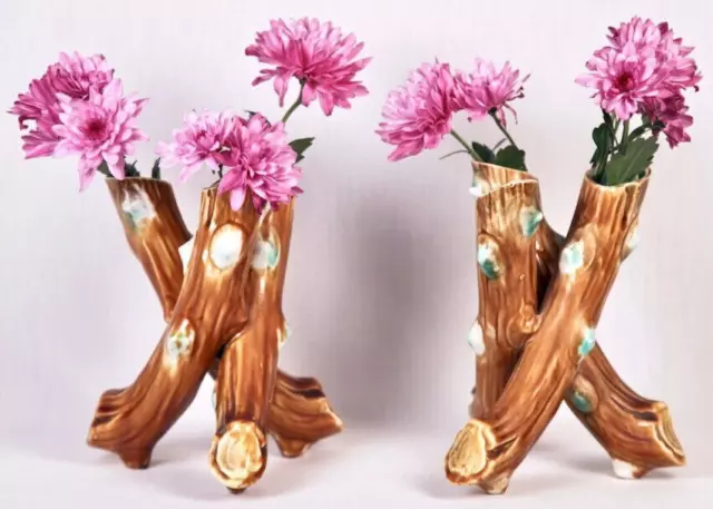Début XXe Paire Bouquetières Barbotine Vases Tripode Branches de Rosiers Art