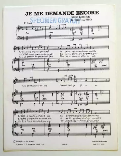 Partition vintage sheet music HUGUES AUFRAY : Je me Demande Encore * 70's