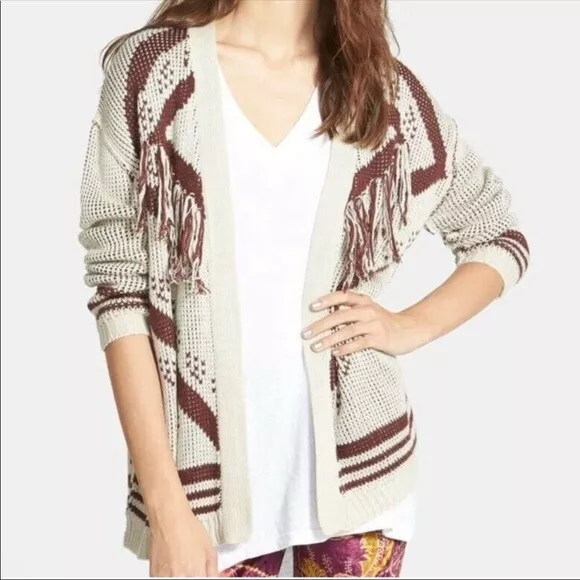 ASTR The Label Womens Fringe Open Tribal long sleeve Cardigan Large (10-12)