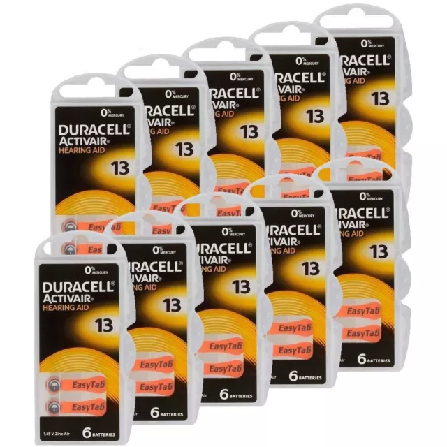 60 Duracell Activair Hearing Aid Batteries Size 13 Zinc Air 1.45V Mercury Free