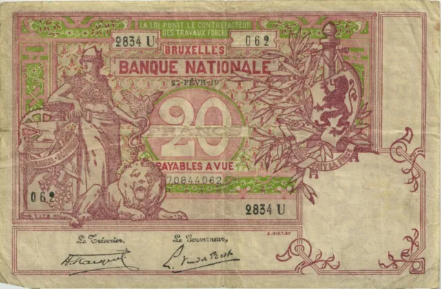 Belgien / Belgium P.067 20 Francs 1913 (3-)
