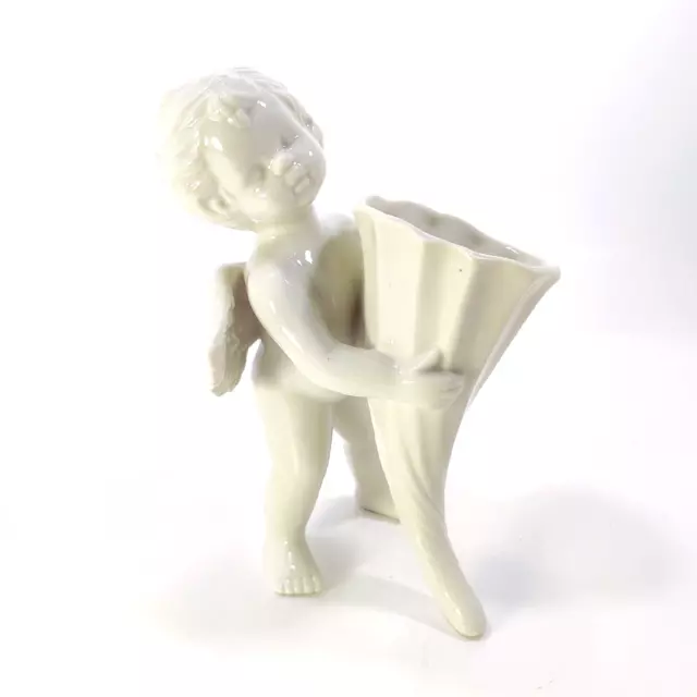Cherub Angel Figurine Holding Horn of Plenty Cornucopia Vase White *Chip READ!*