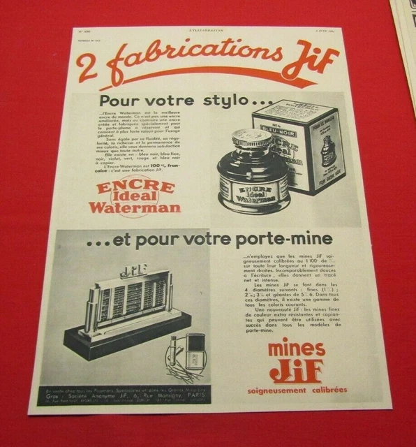 Advertising Pub Publicite Ancienne Advert 9.3 Mines Jif Encre Ideal Waterman