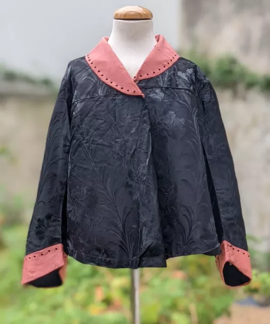 Antique Edwardian Late Teens Floral Figured Silk Black Jacket With Pink Trim
