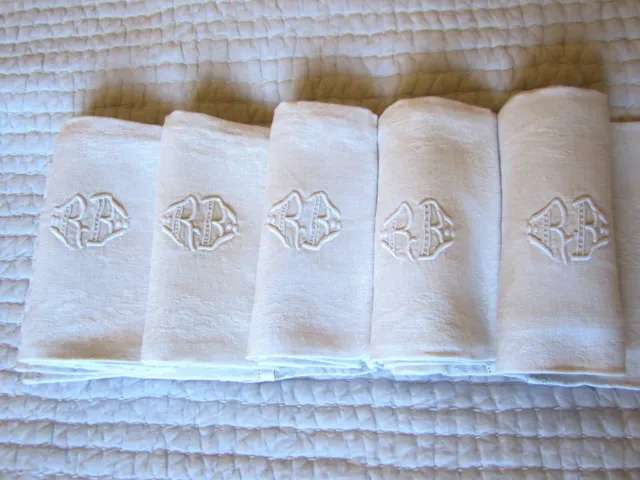 5 serviettes en damassé de lin écrues monogramme R B Très bon état