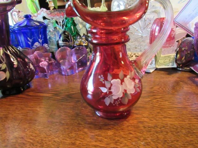 FENTON ART GLASS HP RUBY RED PITCHER signed by C. SMITH