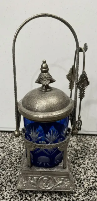 ANTIQUE VICTORIAN SILVER PLATE PICKLE CASTOR w/BLUE ENAMELED GLASS