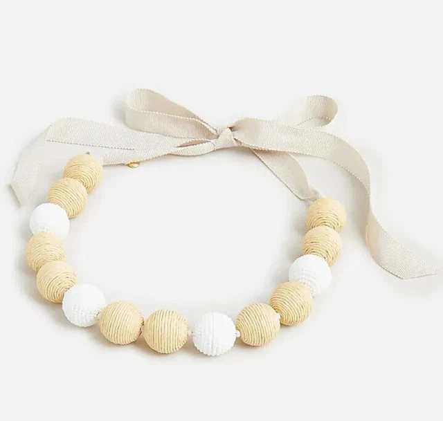 J Crew Raffia And Bead Beaded Gum-ball Tie Back Ribbon Necklace Natural White