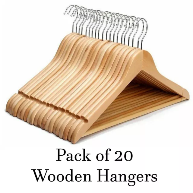 20 x Wooden Coat Hangers Suit Garments Clothes Trouser Bar Wood Hanger Set Boxed