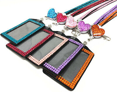 Glitter Love Heart Retractable Reel and Bling Lanyard with Vertical ID Holder