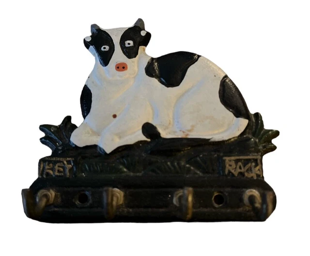 4 Hook Cast Iron Dairy Cow Holstein Wall Hanger  Key Rack Farmhouse Chic EUC