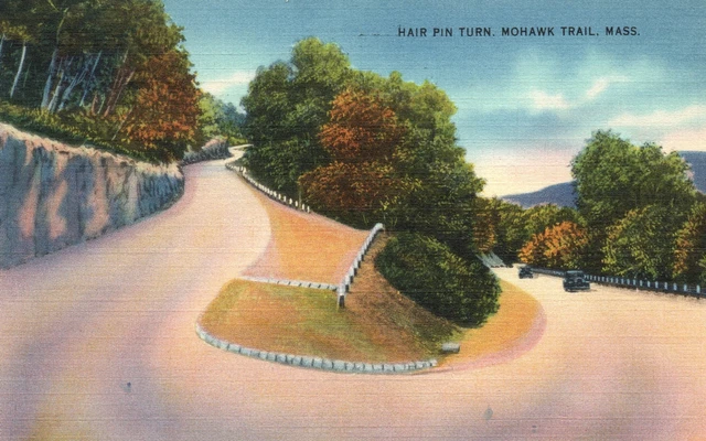 Vintage Postcard 1940's Hair Pin Turn Mohawk Trail Massachusetts MA Tichnor Pub.