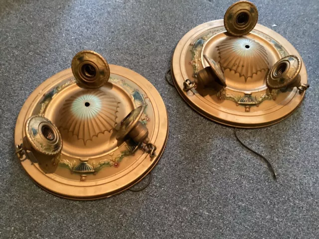 2 Vintage Antique Art Deco Ceiling Fixture Light Gold Embossed Colored Flowers