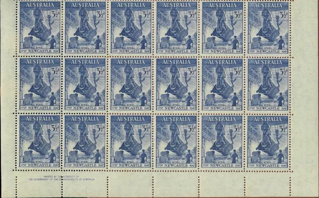 1947 Australian Cwlth Authority MNH Block 18x 31/2d Blue Newcastle Steel Stamps