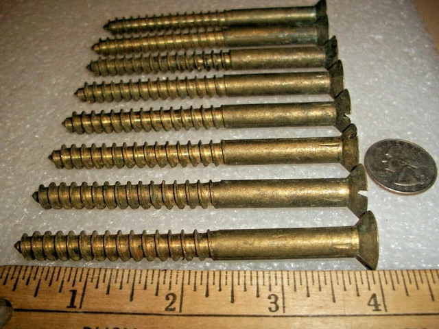 8 - Rare, 4" Long! X 11/32"!,  N.o.s. Solid Bronze Slotted Flat Head Wood Screws