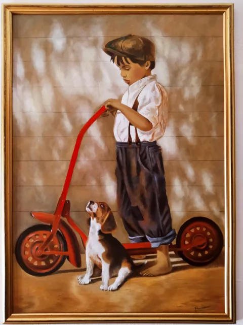quadro DIPINTO A MANO olio/tavola Bambino con cane stile vintage 70x50 Buzzoni