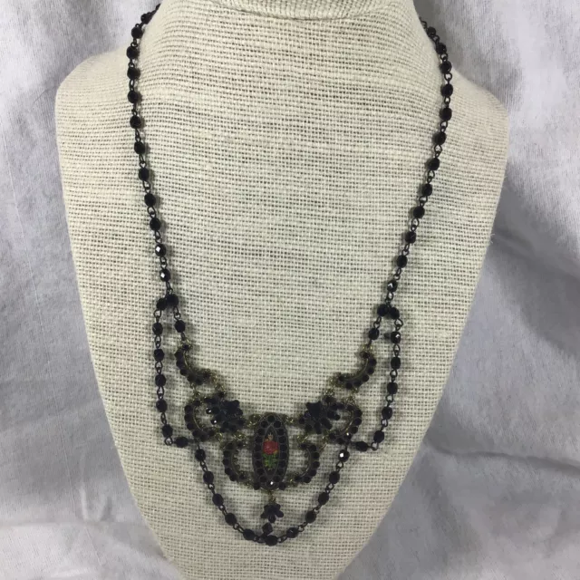 Michal Negrin Black Necklace Rose Antique Victorian Style Bib Cameo Beaded