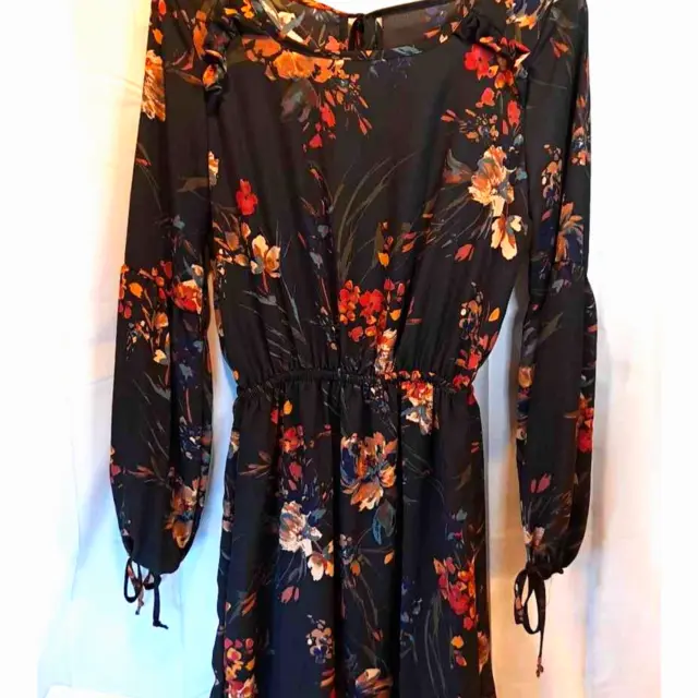 Gilli Women's A Line Dress Black Red Floral Scoop Neck Tie Sleeve Lined S