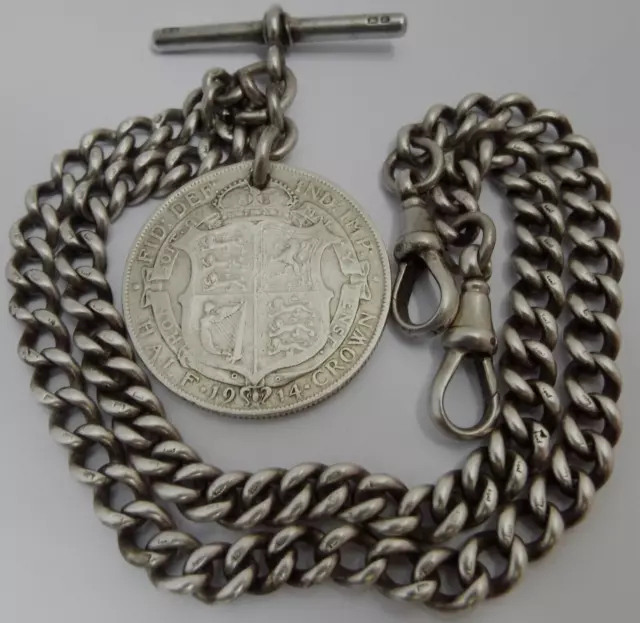 SUPERB LONG HEAVY 58g ENGLISH ANTIQUE 1909 STERLING SILVER DOUBLE ALBERT CHAIN