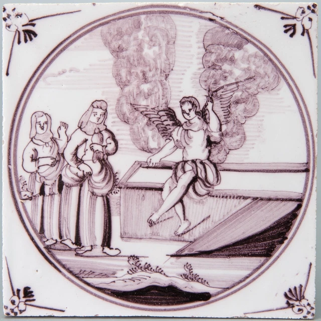 Nice Dutch Delft manganese biblical tile, Matthew 28:1-6, 18th. century.