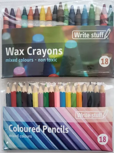 18 x Colouring Coloured Pencils & 18 Crayons Colour  Kids Art Craft