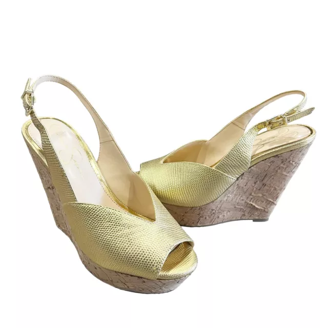 Jessica Simpson Gold Metallic Peep Toe Platform Wedge Sandals Heels Size 6.5 M